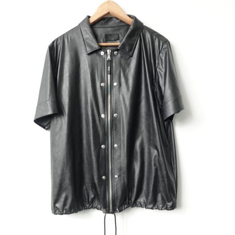 Black Faux Leather‎ Shirt Men M Japanese Fabric Full Zip Moto Grunge Gothic R+A